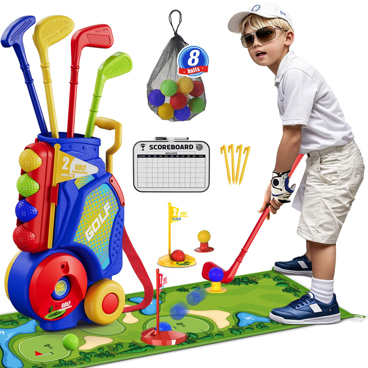 HYES Toddler Golf Set cart stores all pieces for easy cleanup.