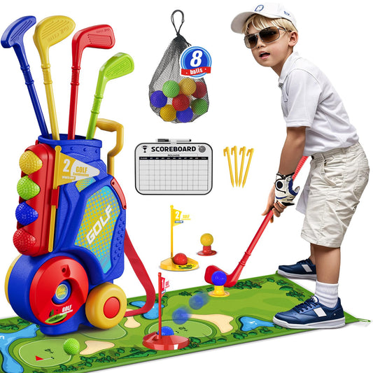 HYES Toddler Golf Set cart stores all pieces for easy cleanup.