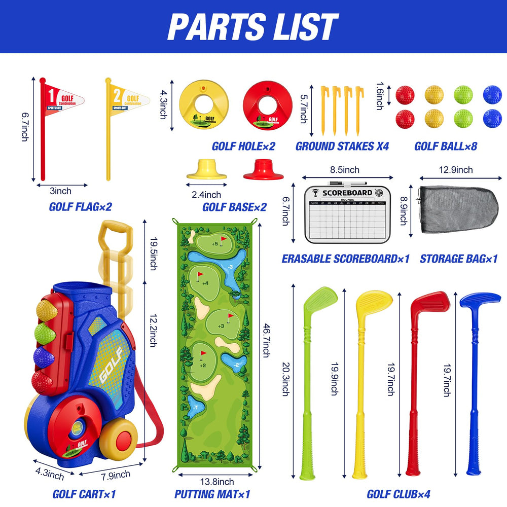 HYES Toddler Golf Set extendable-handle cart for easy outdoor moves.