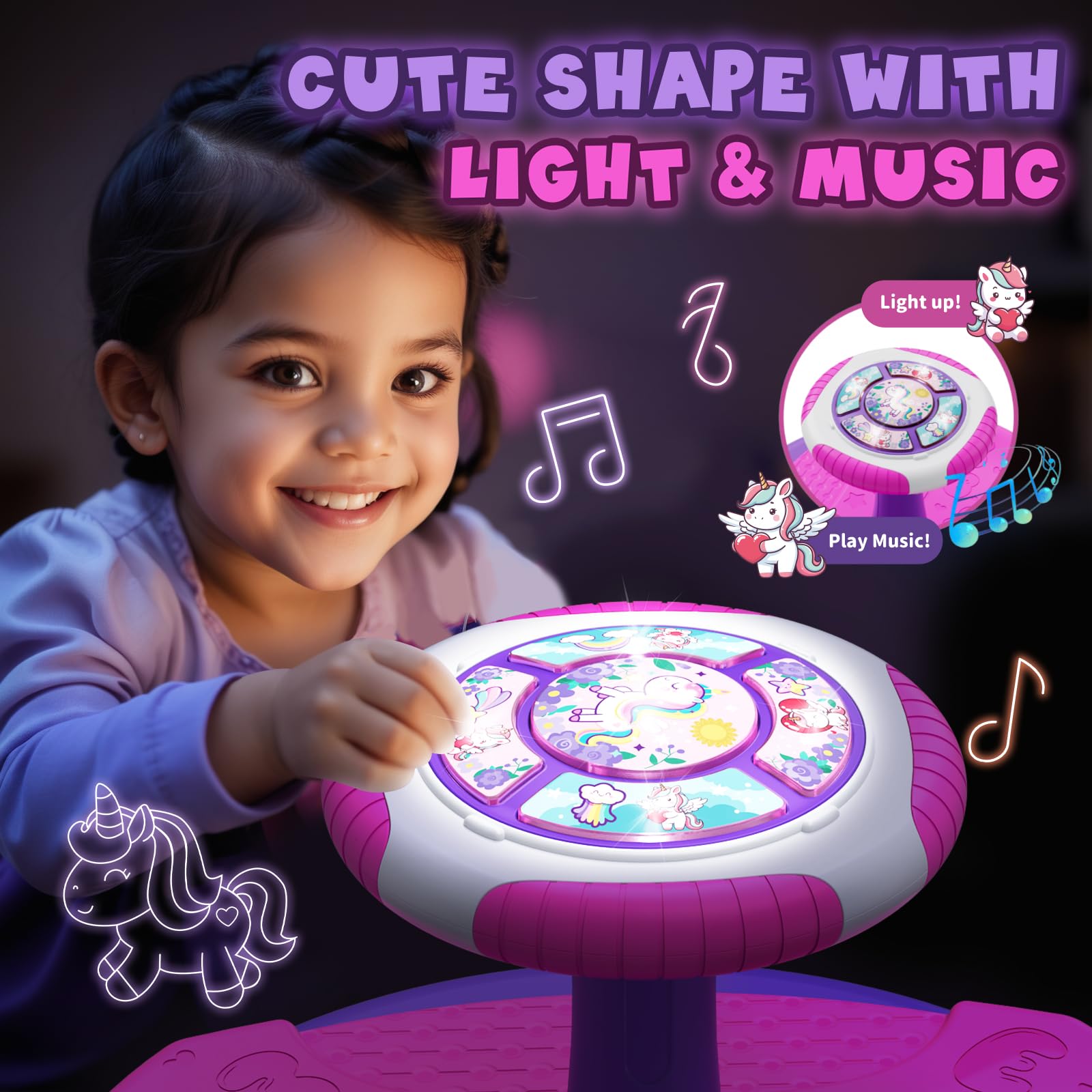 HYES Unicorn sit and spin toy LED lights create visual stimulation during imaginative play.