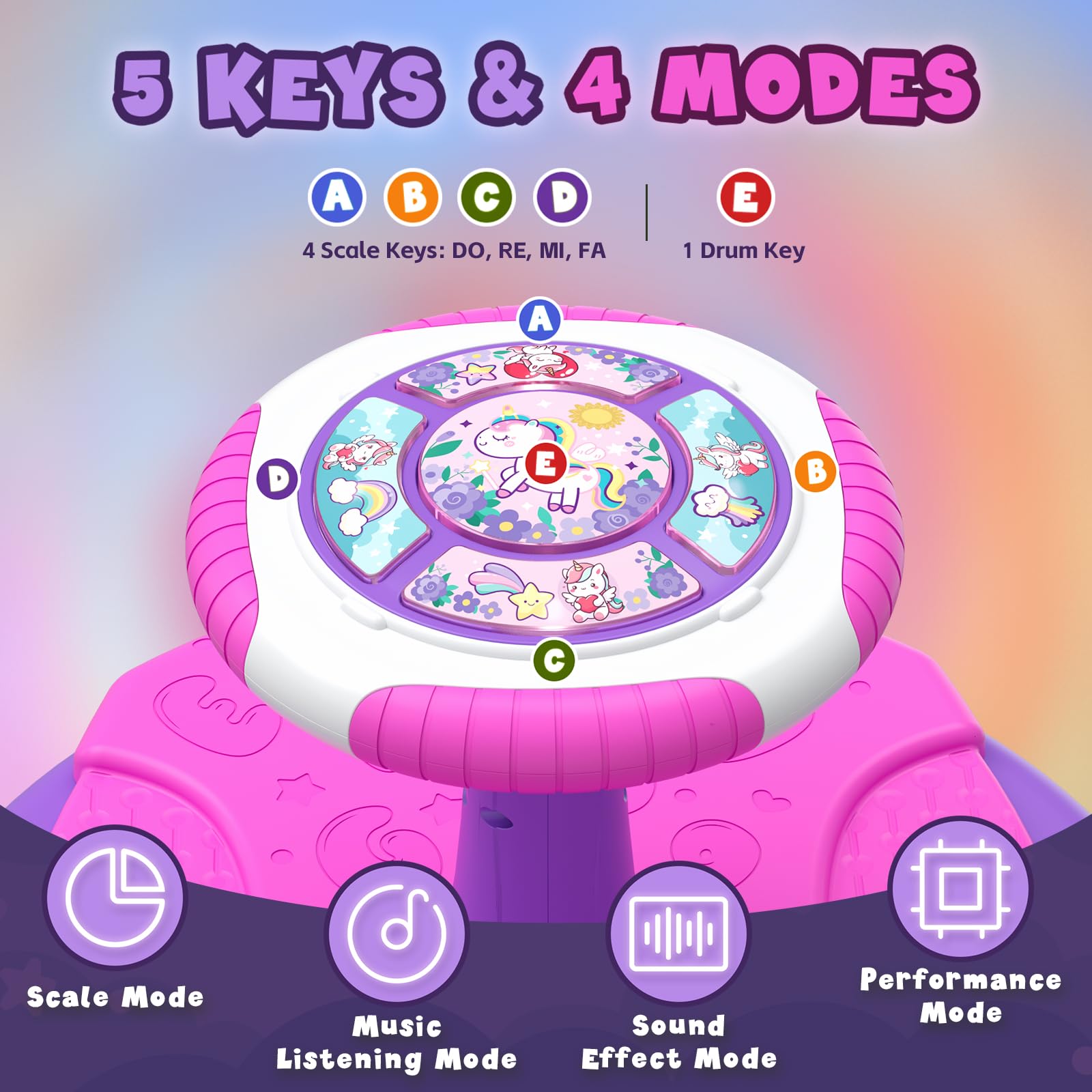 HYES Unicorn sit and spin toy music keys encourage rhythm exploration during early music sessions.