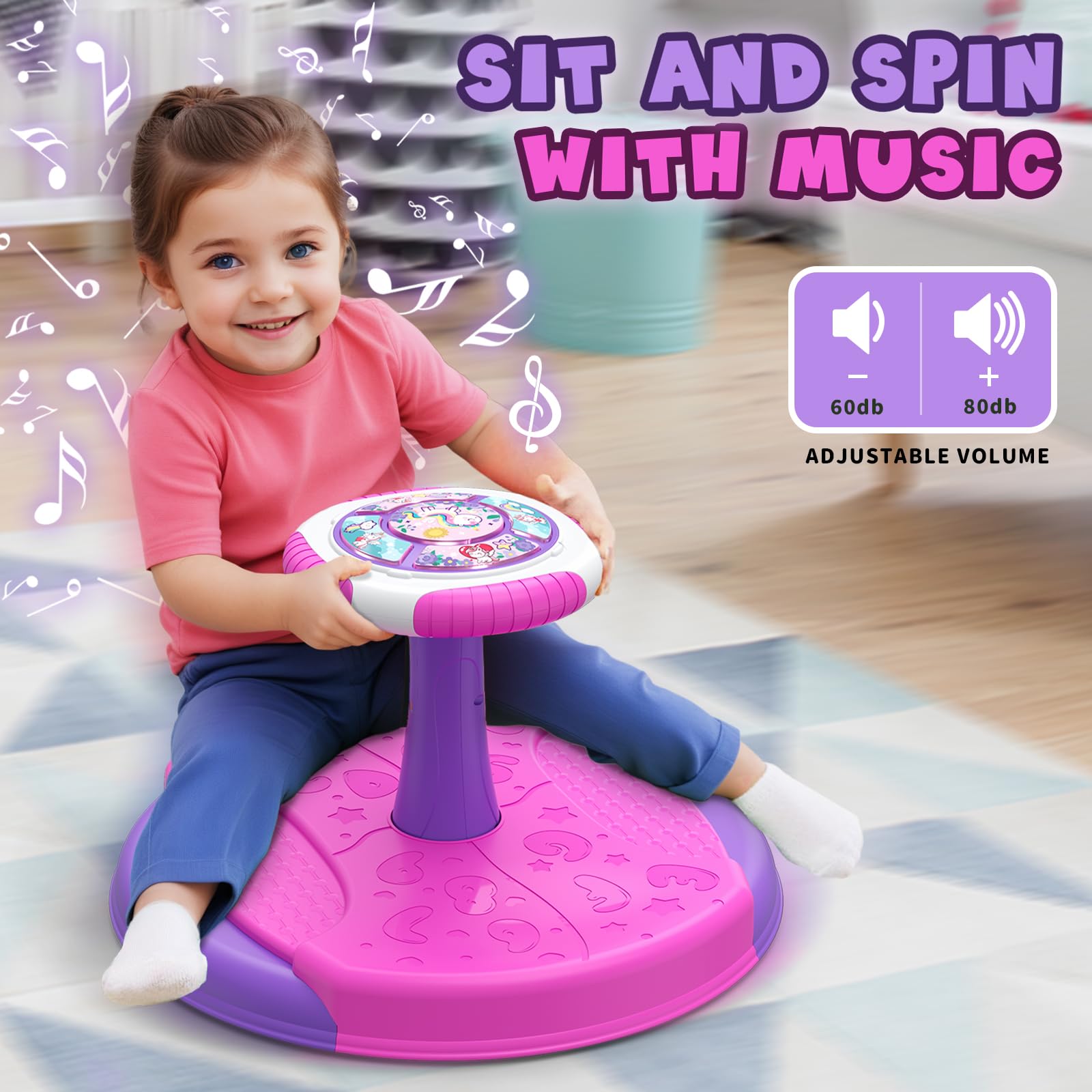 HYES Unicorn sit and spin toy volume control helps tailor sound levels for space.