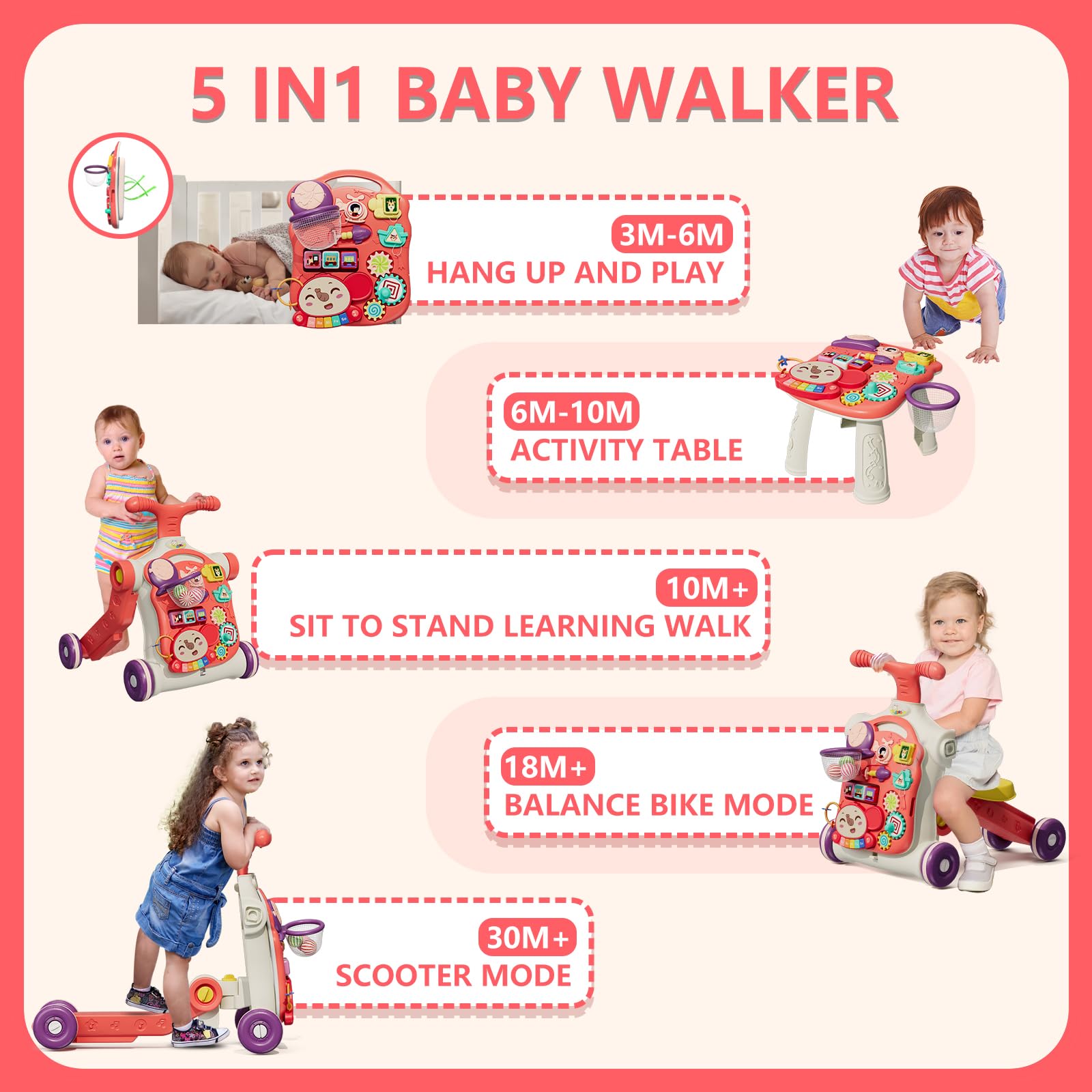 HYES Upgraded 5-in-1 walker side view showing compact footprint