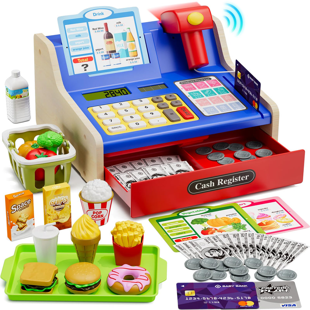 HYES wooden cash register playset designed for imaginative shopping and social pretend play.
