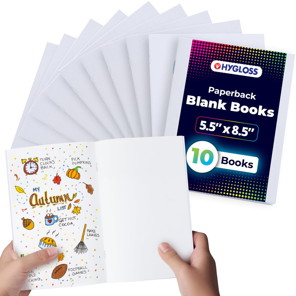 Hygloss blank books with a durable white cover, ideal for classroom storytelling.