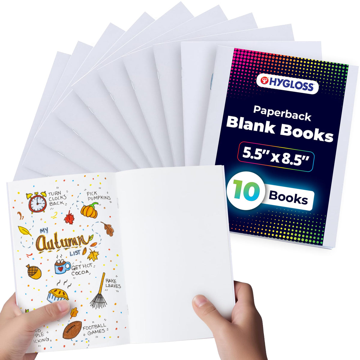Hygloss blank books with a durable white cover, ideal for classroom storytelling.