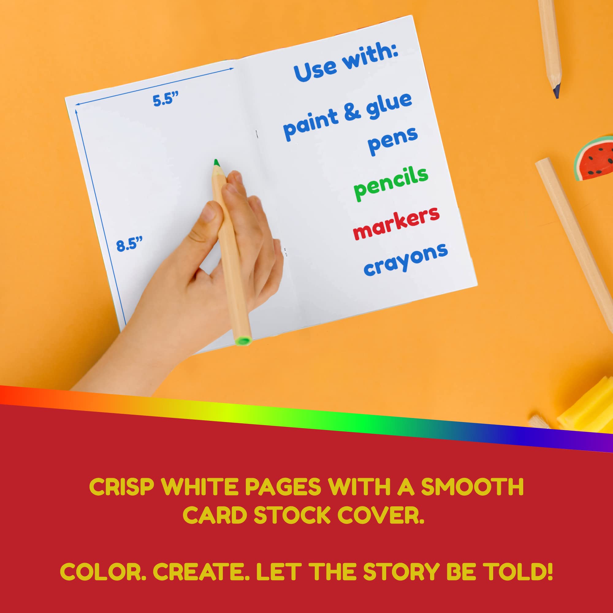 Kids draw and write in a Hygloss blank book with unlined pages.