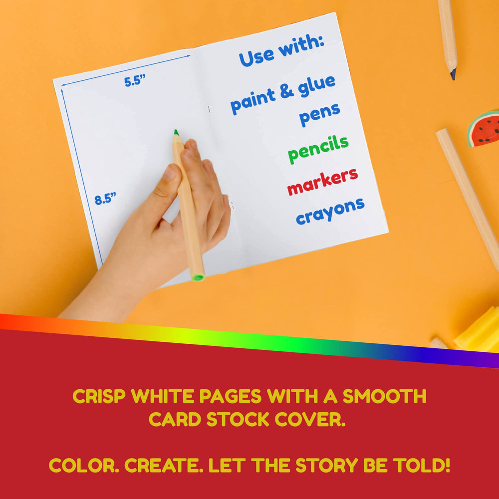 Kids draw and write in a Hygloss blank book with unlined pages.