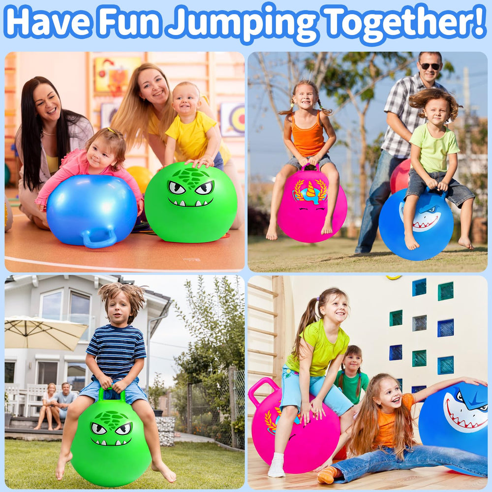 Hymaz colorfully patterned hop balls add vibrant, energetic play.