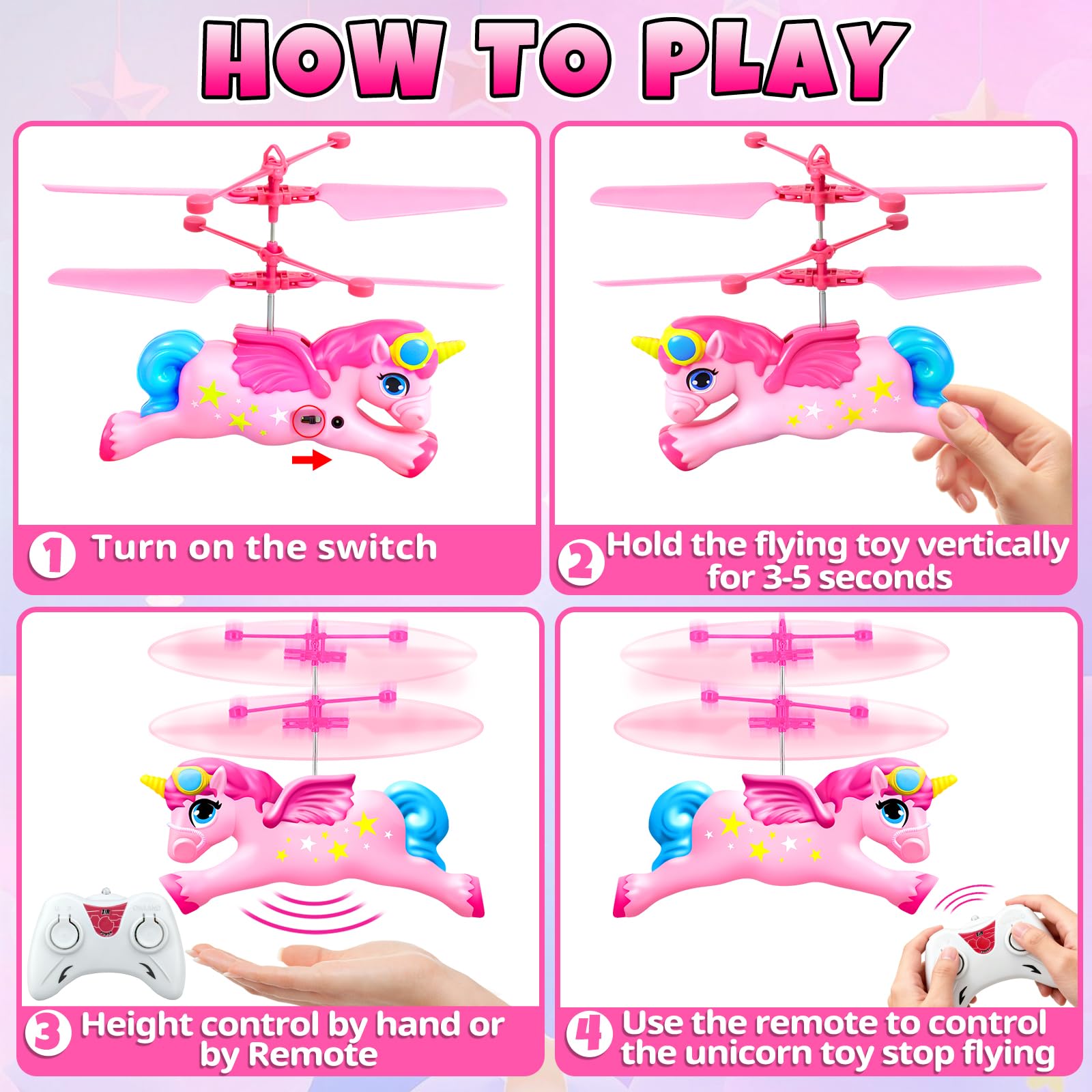 Hymaz pink unicorn with LED flashing lights enhances night-time play and visibility.