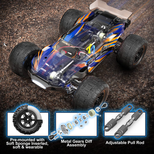 HYPER GO H16DR aluminum capped oil-filled shocks absorb bumps for stable high-speed runs.