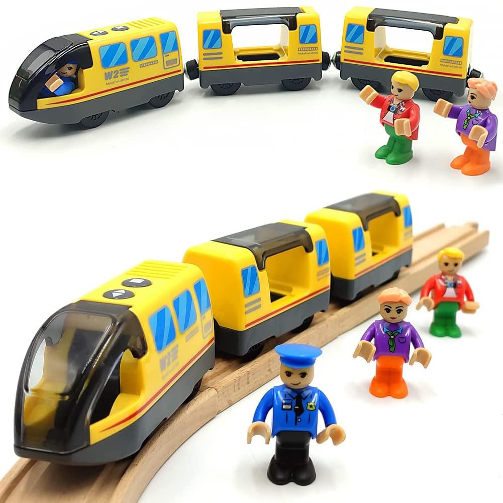 HyperLiving battery-operated locomotive train on wooden tracks for imaginative play.