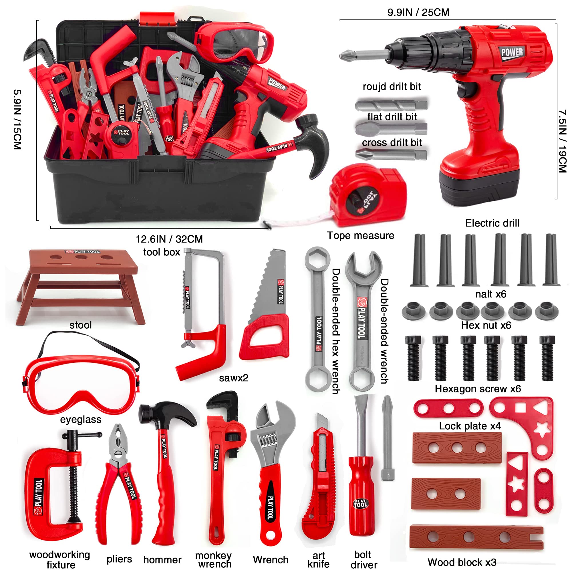HYRENEE Kids Tool Set Electric Drill with interchangeable bits supports real handling and sound realism