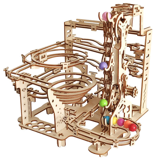 i-CHONY wooden marble run assembly parts show precision cuts for quick, glue-free setup.
