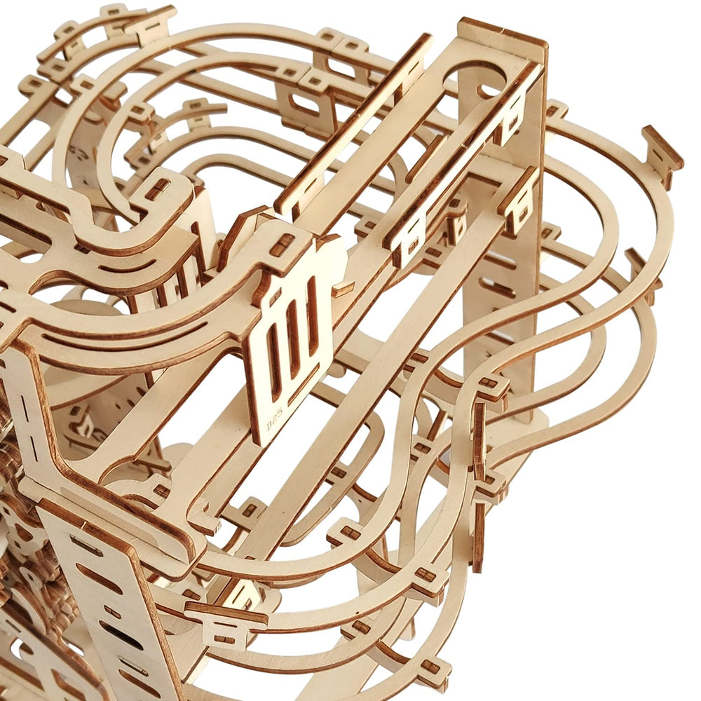 i-CHONY wooden marble run complete assembly showcases a rewarding engineering project.