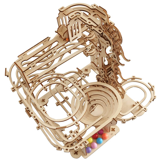 i-CHONY wooden marble run laser-cut pieces highlight smooth edges for safe building.