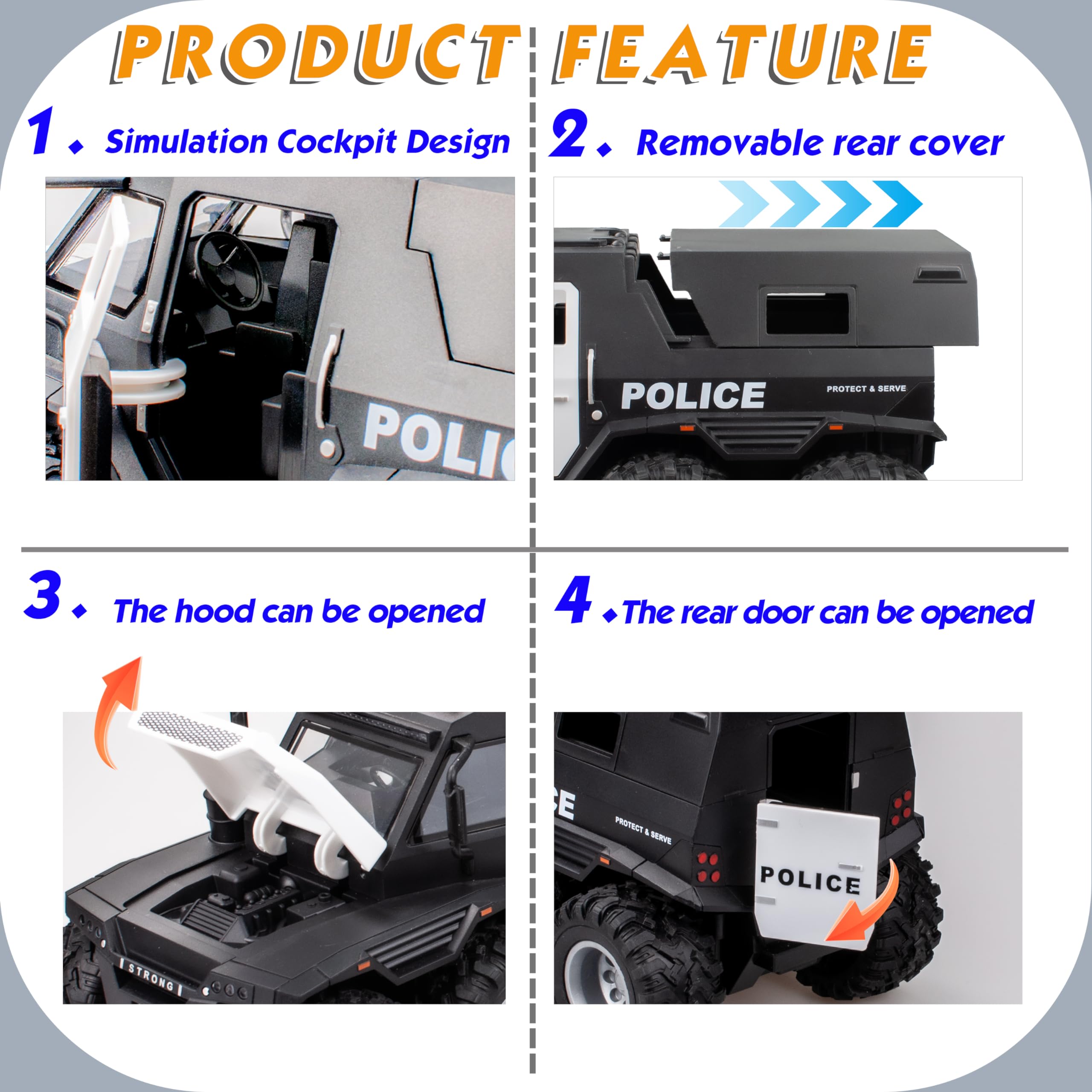 i diy Police Car Toy big wheels provide stable, smooth rolling on flat surfaces