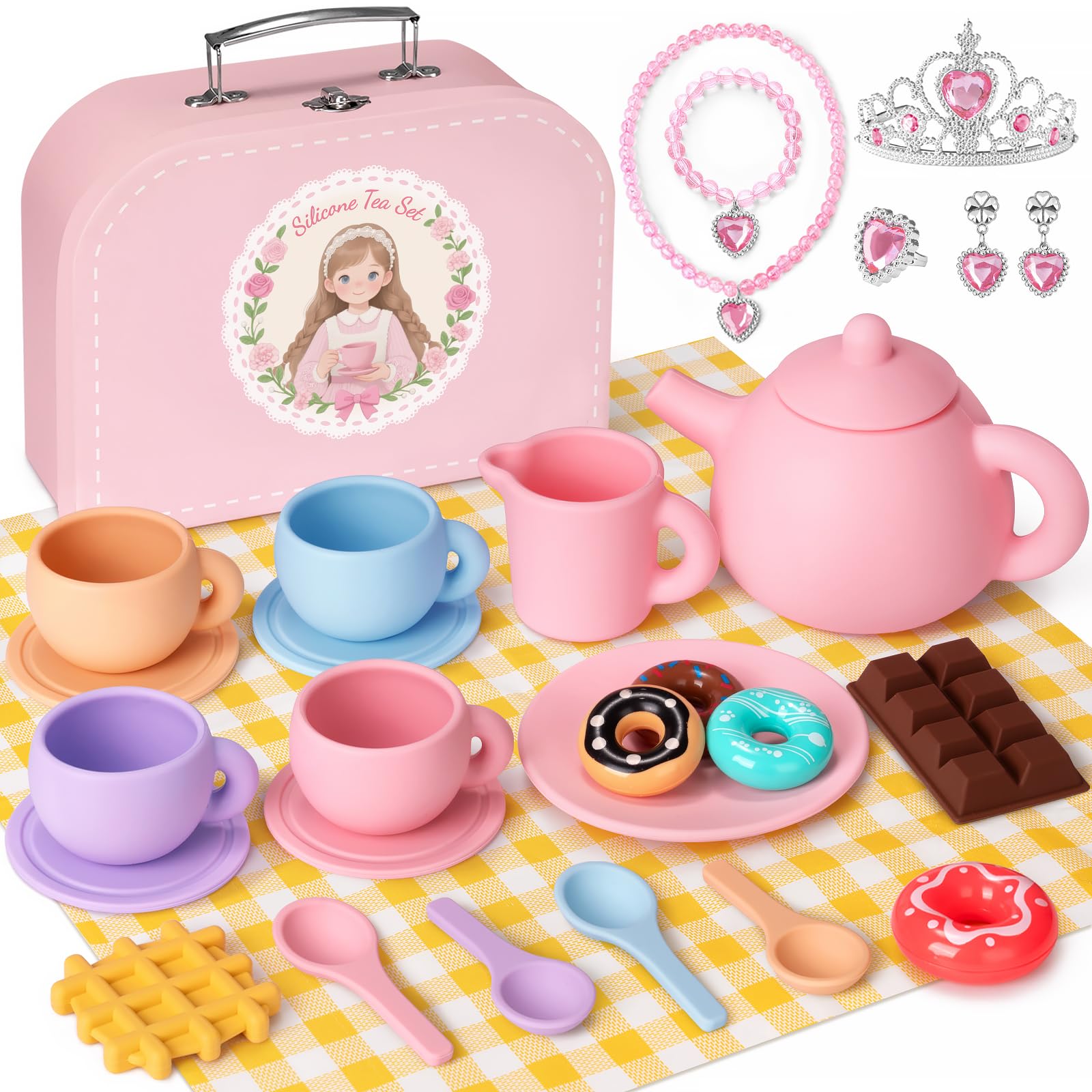 iAOVUEBY silicone tea set teapot for safe pretend play and graceful pouring.