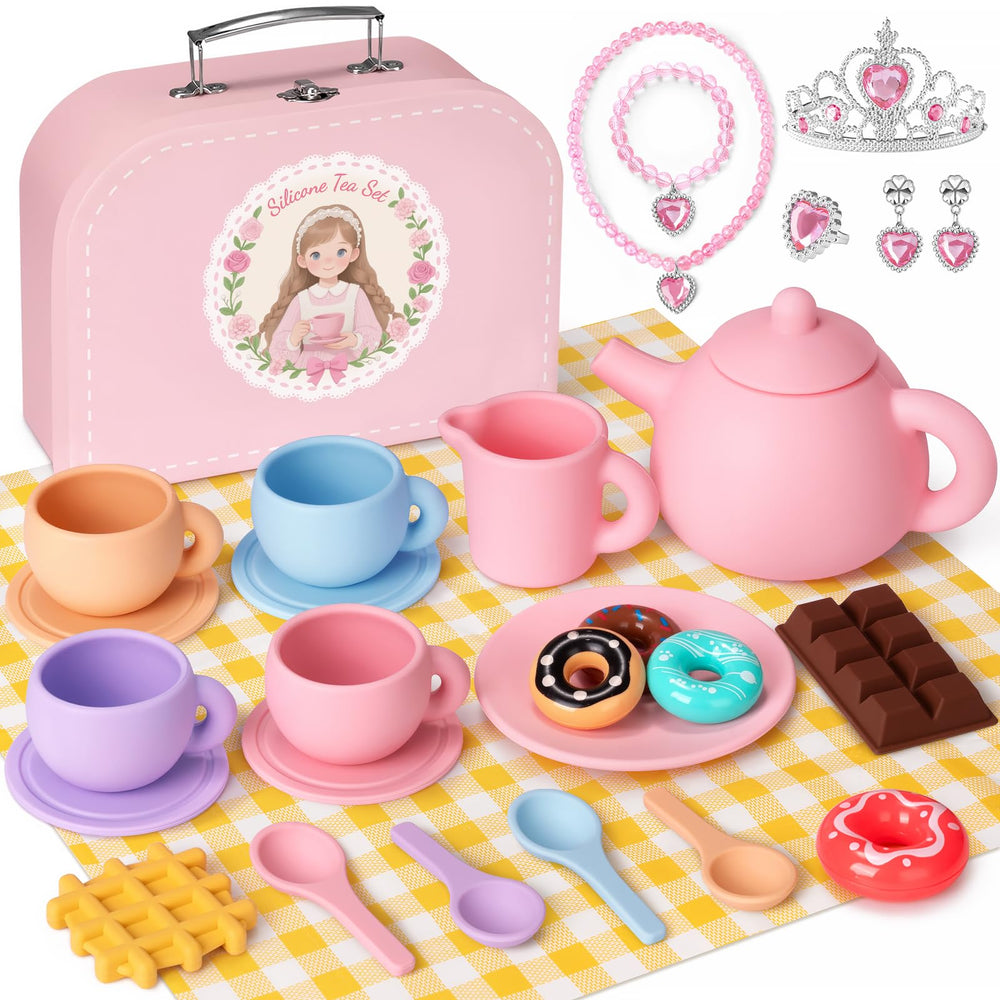 iAOVUEBY silicone tea set teapot for safe pretend play and graceful pouring.