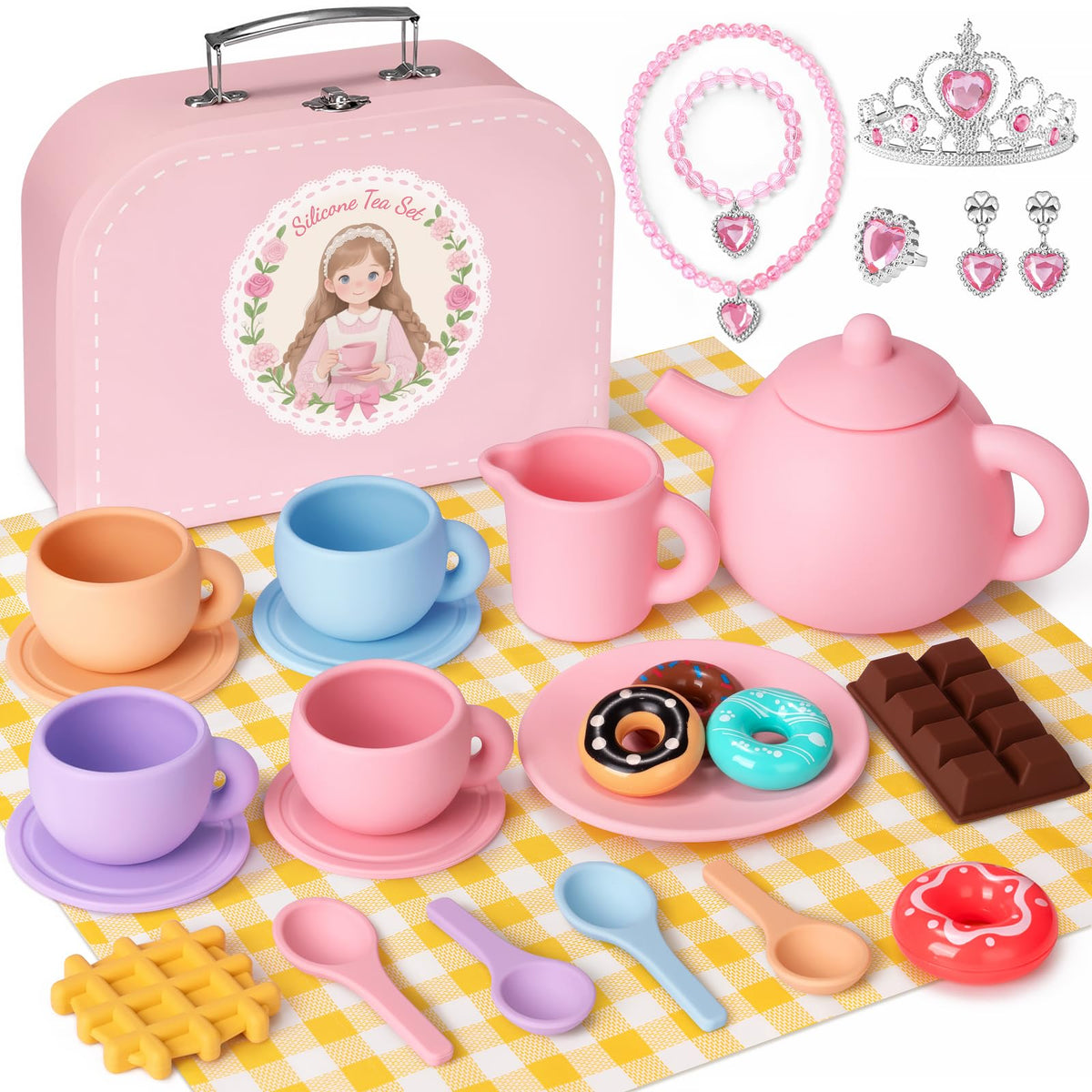 iAOVUEBY silicone tea set teapot for safe pretend play and graceful pouring.
