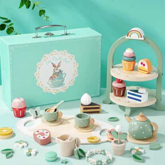 iAOVUEBY wooden tea set serving tray invites organized pretend tea time.