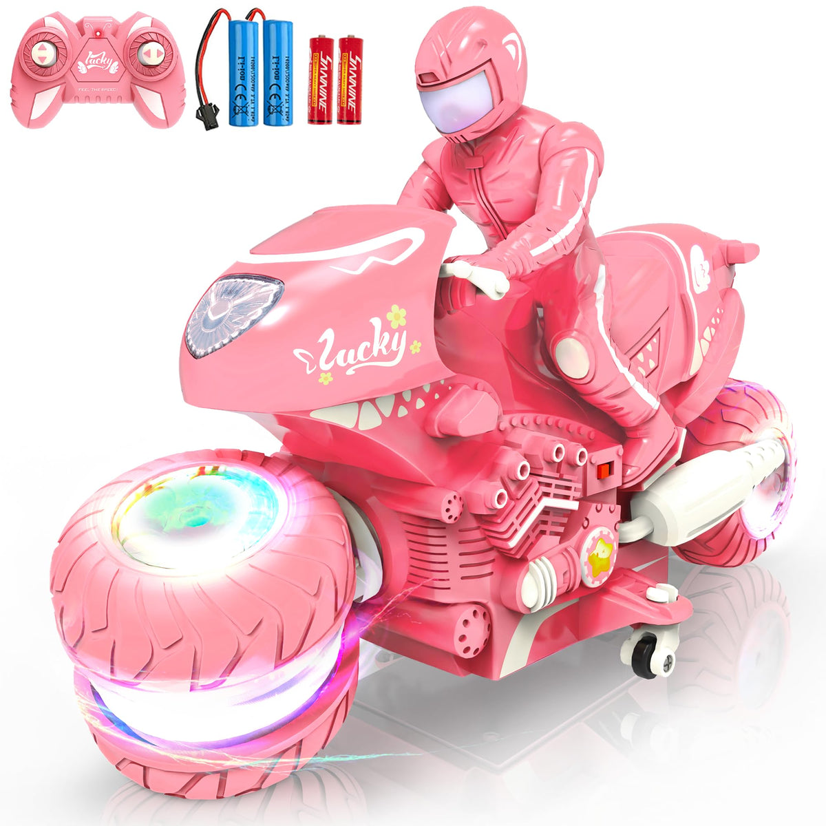 iappadore pink RC motorcycle with LED wheel lights for vibrant night play