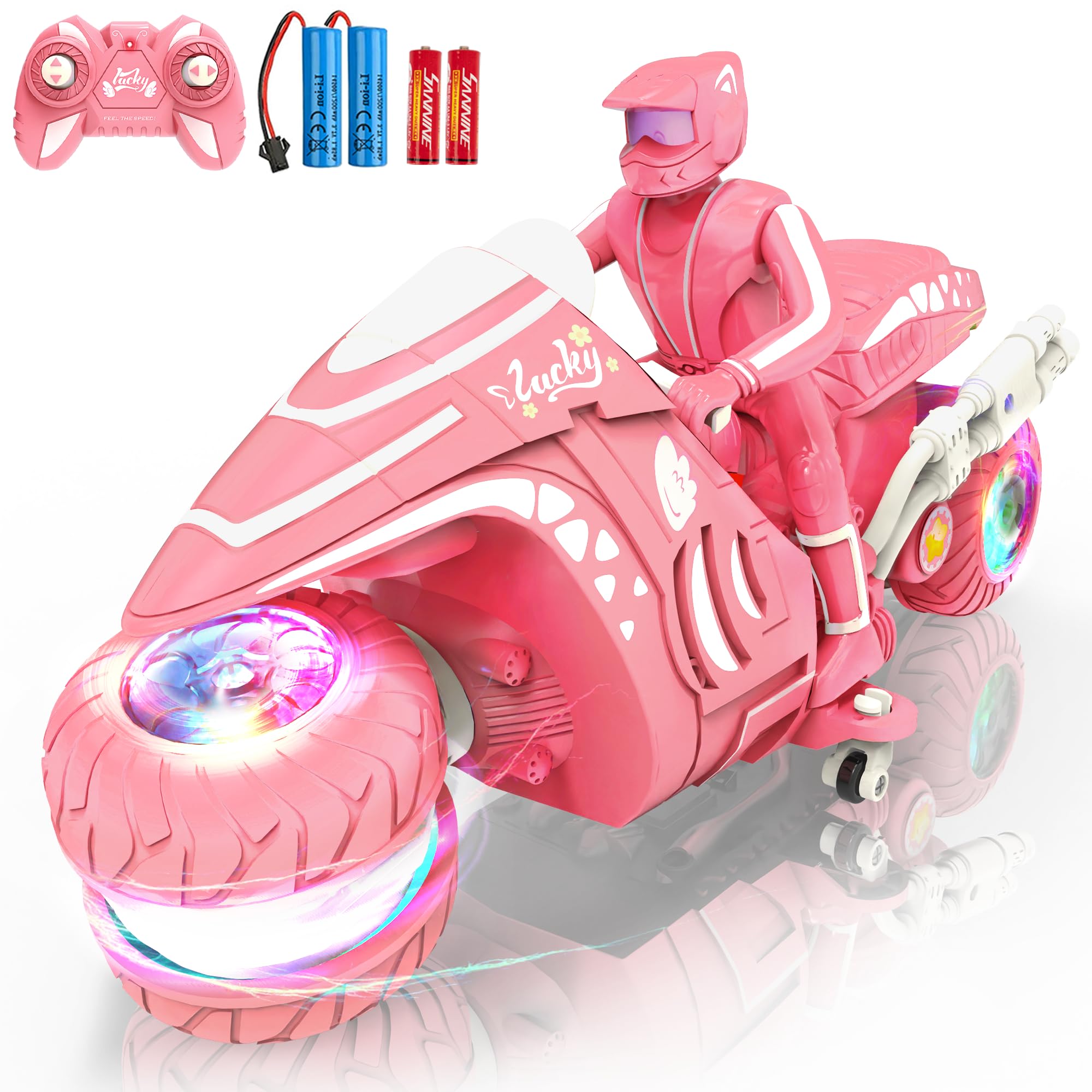 iappadore RC motorcycle pink body with rgb wheels for vibrant night rides