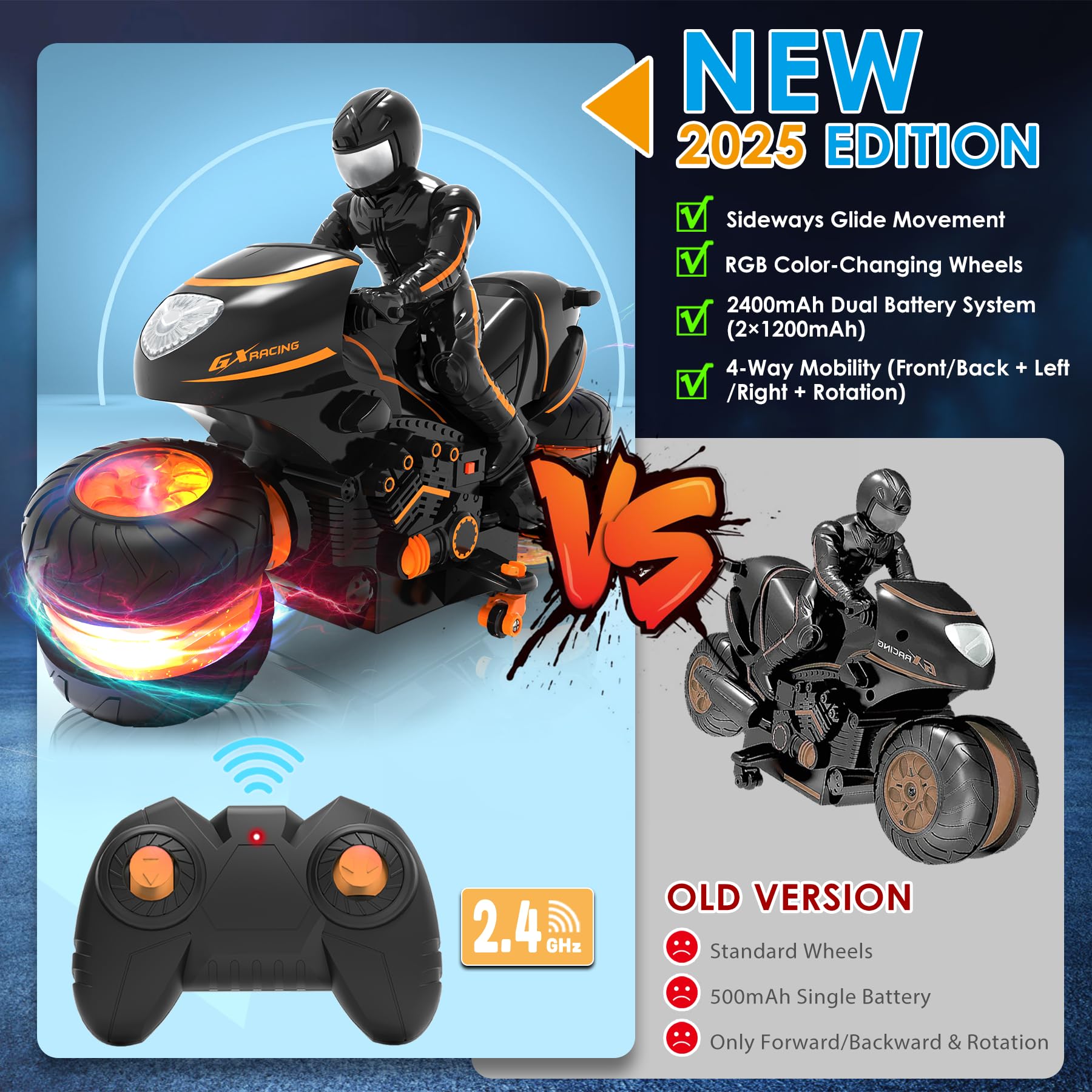 iappadore remote control motorcycle with RGB color-changing wheels lighting up playtime