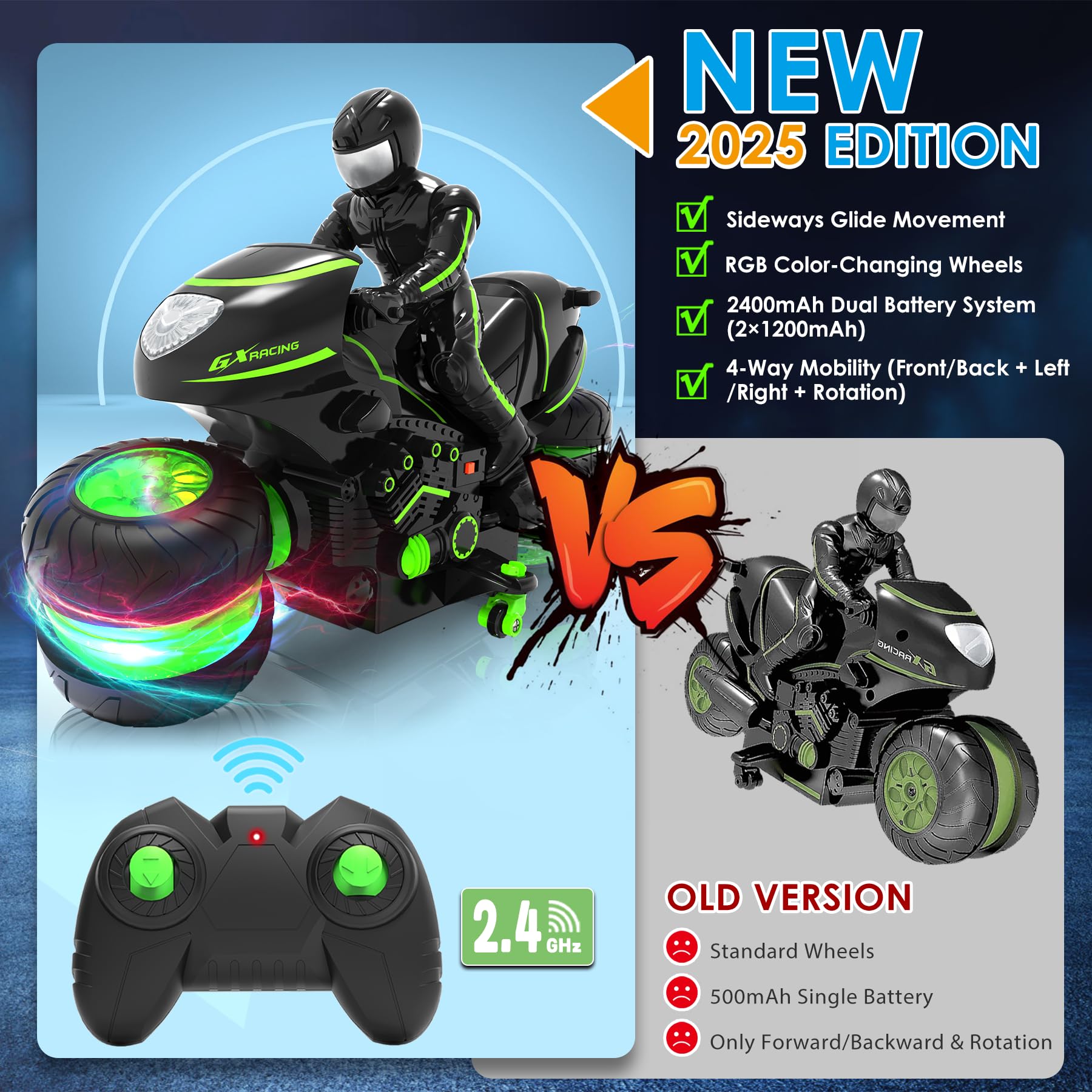 iappadore RC motorcycle with RGB wheels creates dazzling lights for day and night play
