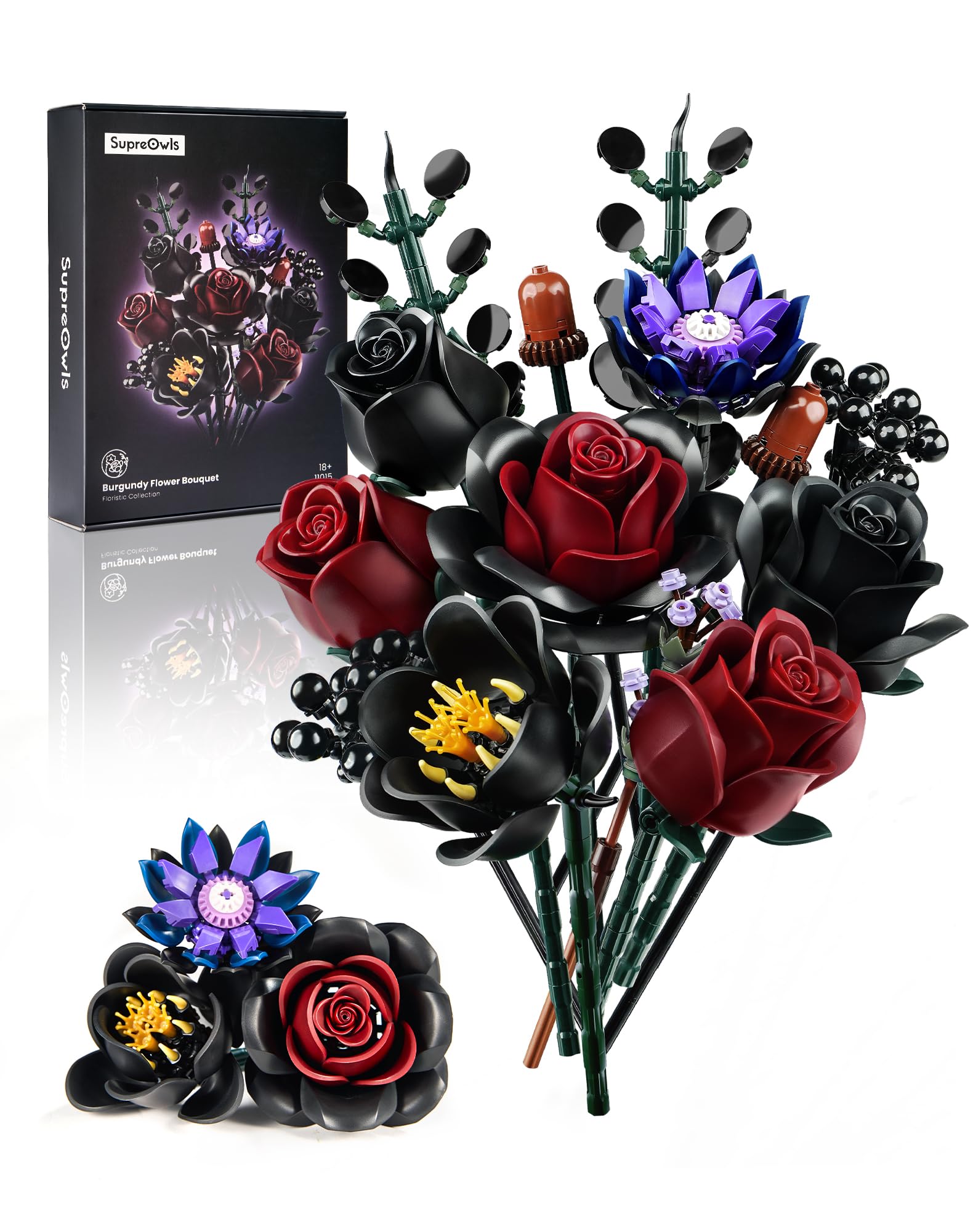 iATOM black burgundy rose bouquet assembly as a dramatic gothic centerpiece