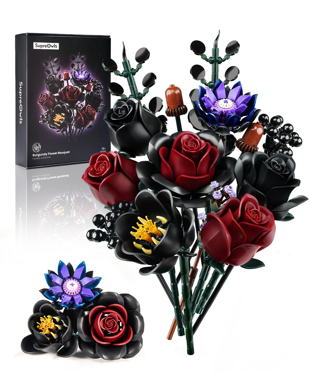 iATOM black burgundy rose bouquet assembly as a dramatic gothic centerpiece