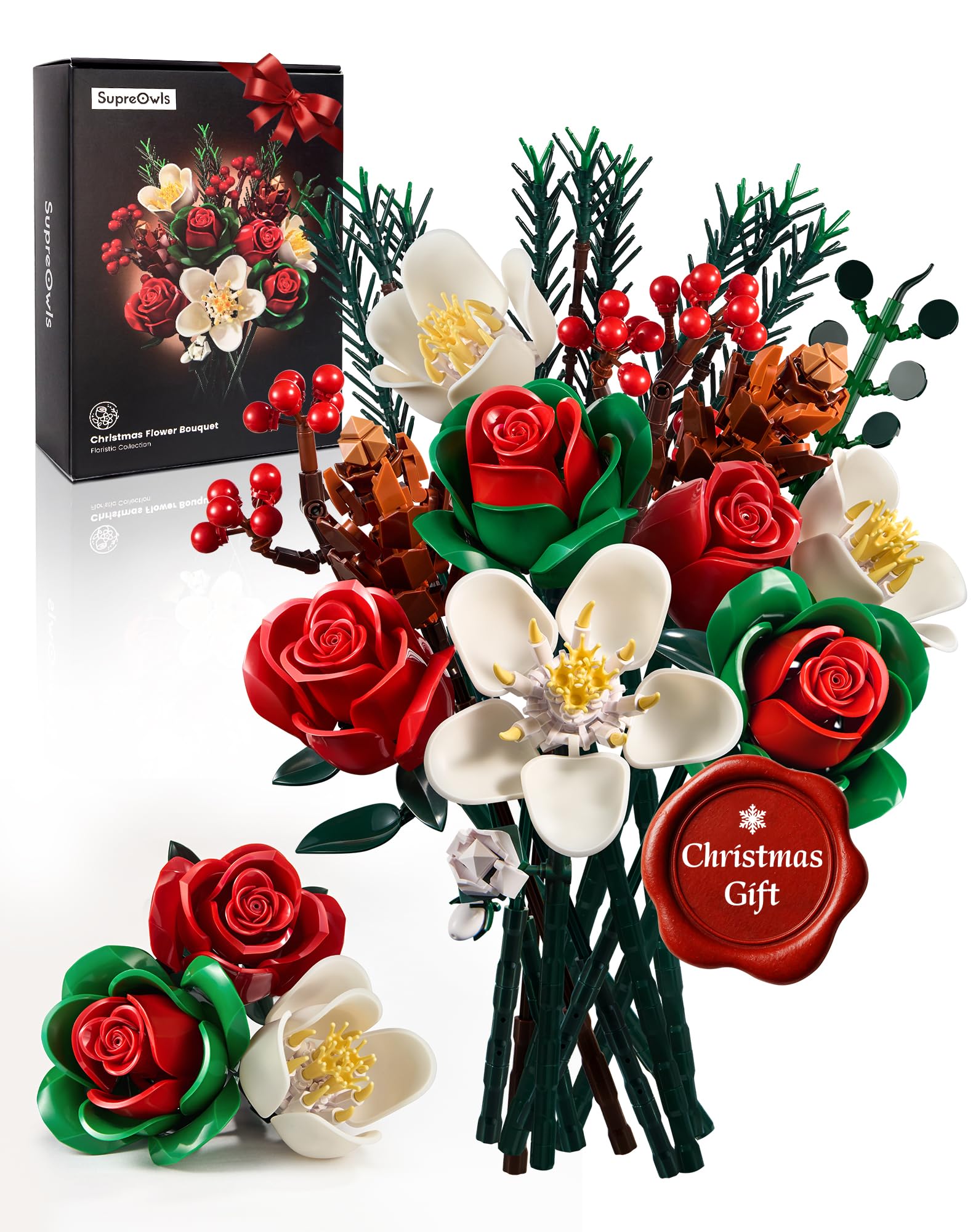 iATOM Christmas Flower Bouquet Building Set presents a festive rose centerpiece for home decor