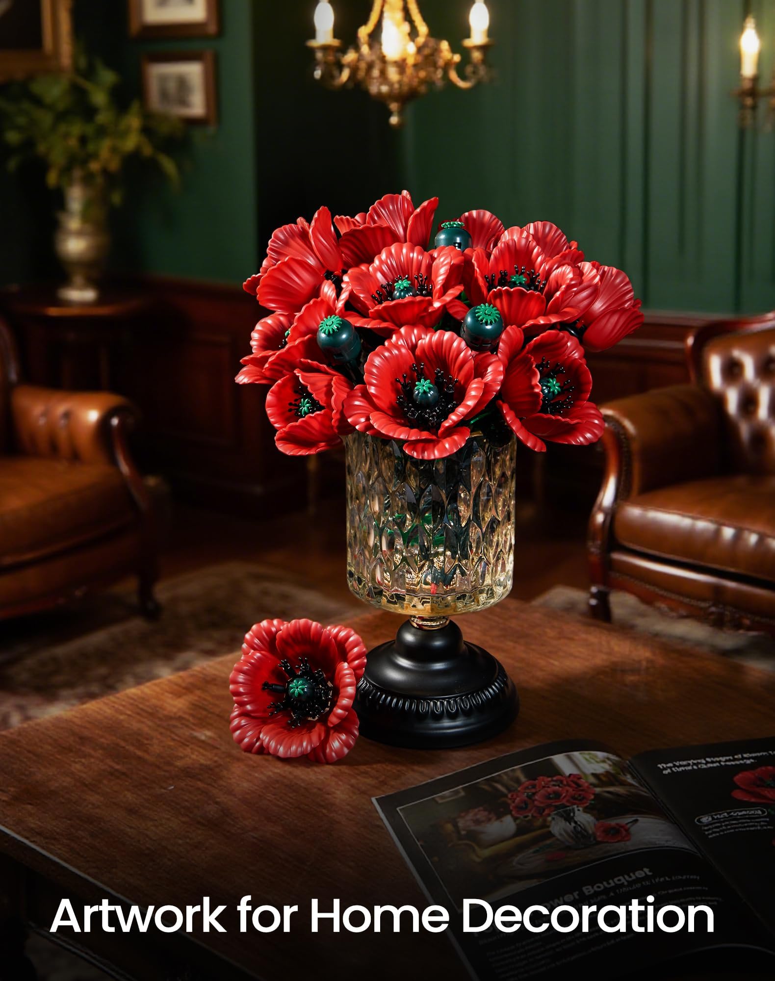 iATOM Red Poppy Bouquet shown as a stylish dining-table centerpiece.