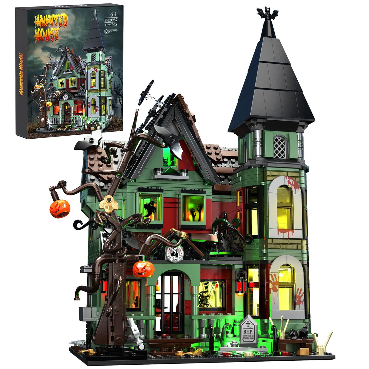iATOM Haunted House lights illuminate a spooky display for Halloween decor.