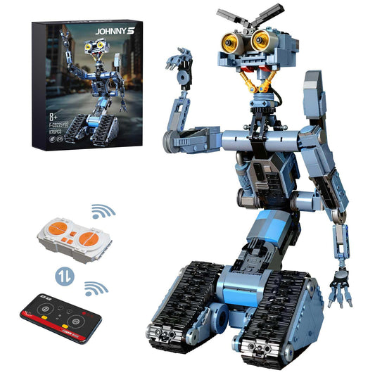 iATOM Johnny 5 robot building set front view highlights authentic design and poseable joints for display