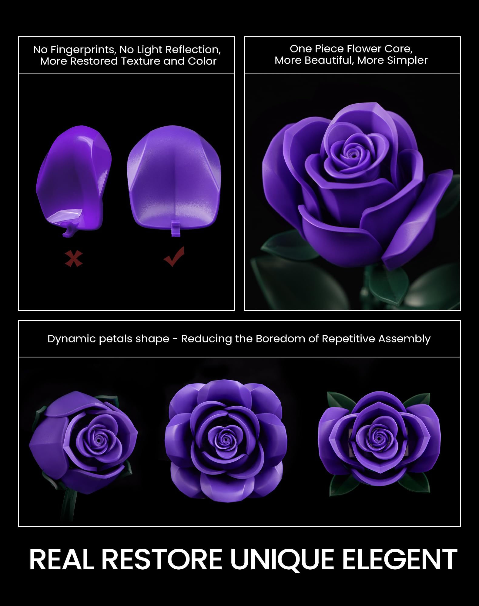 iATOM Purple Rose Bouquet Building Set as a durable, long-lasting decor option for home or office