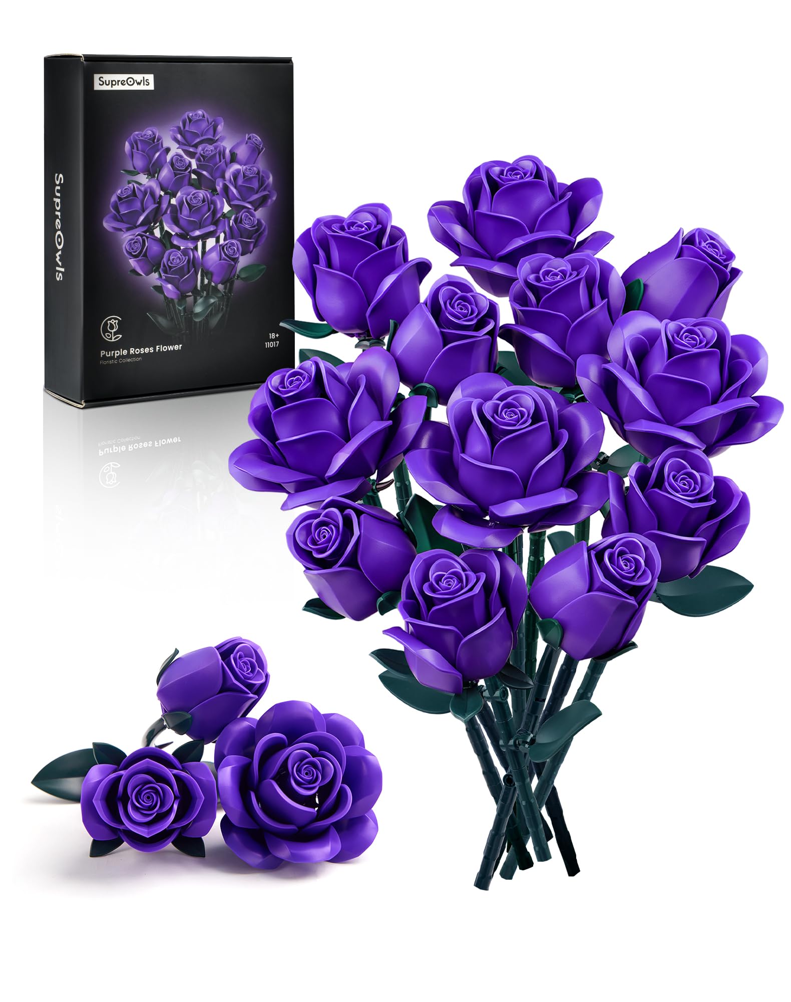 iATOM Purple Rose Bouquet Building Set showing rose assembly details for a chic centerpiece