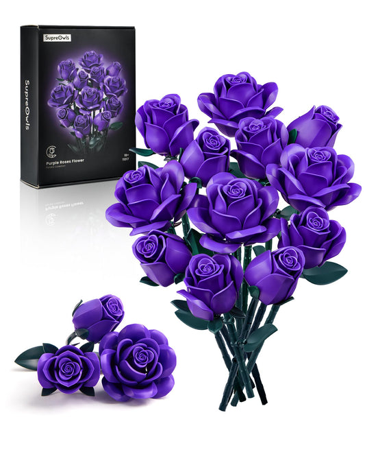 iATOM Purple Rose Bouquet Building Set showing rose assembly details for a chic centerpiece