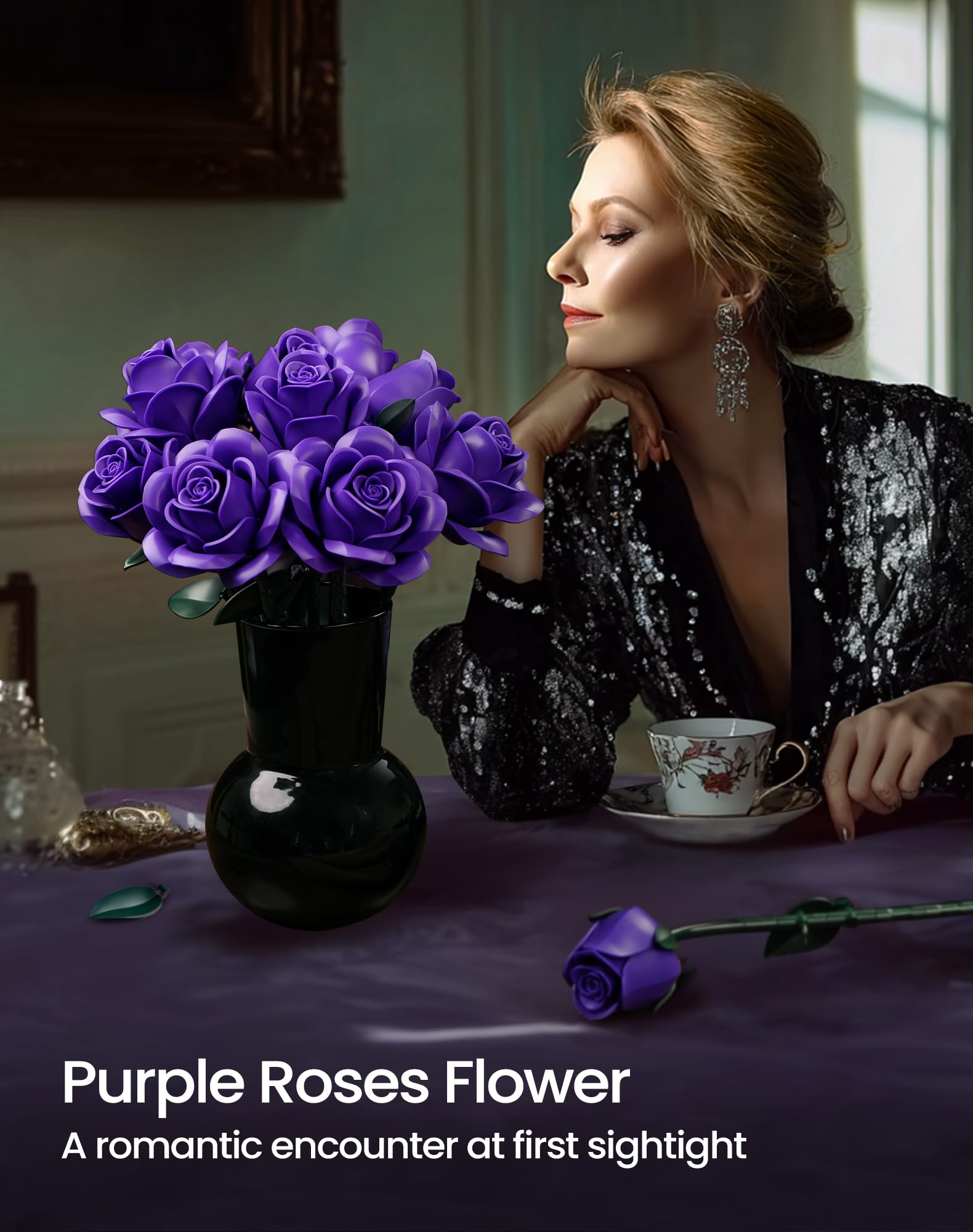 iATOM Purple Rose Bouquet Building Set with frosted petals for refined color and minimal glare