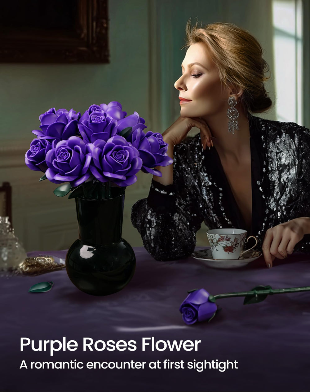 iATOM Purple Rose Bouquet Building Set with frosted petals for refined color and minimal glare