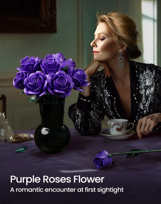 iATOM Purple Rose Bouquet Building Set with frosted petals for refined color and minimal glare