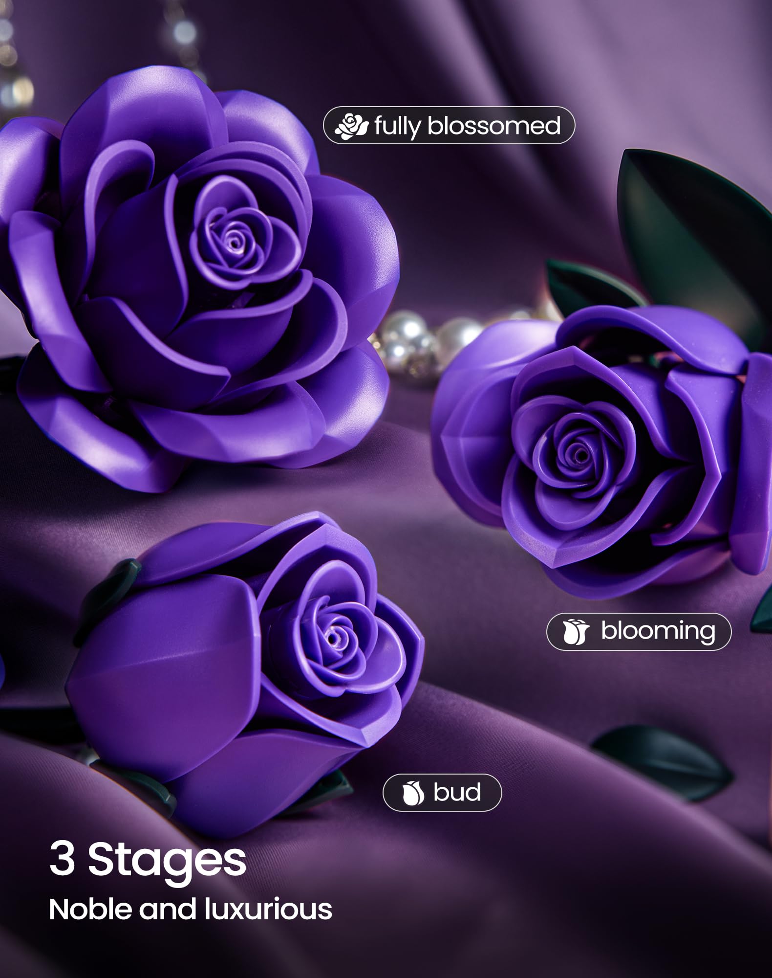 iATOM Purple Rose Bouquet Building Set with swingable petals and adjustable stems for vase versatility