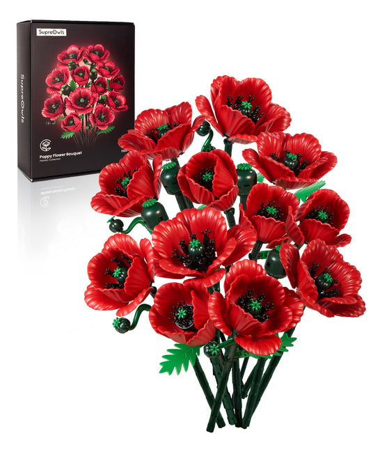 iATOM Red Poppy Bouquet Building Set with easy-assembly bricks for elegant decor.