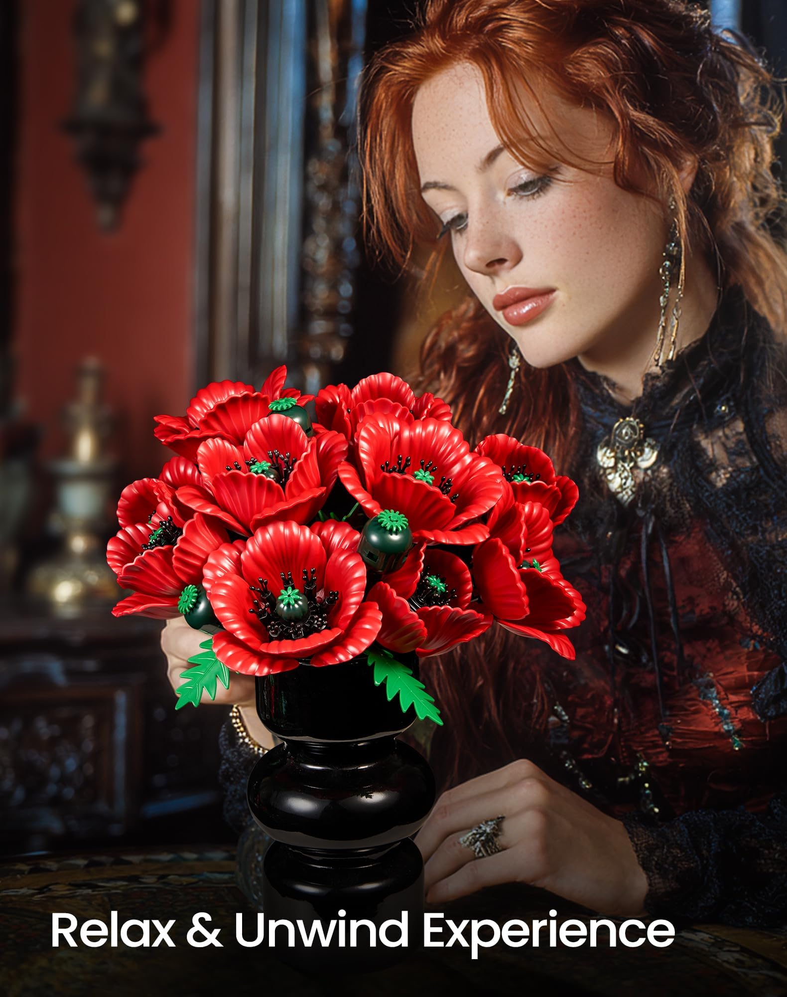 iATOM Red Poppy Bouquet with swinging petals adds dynamic flair to any table setting.