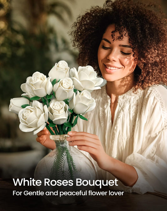 iATOM White Rose Bouquet Building Set: frosted petals for true color and minimal glare