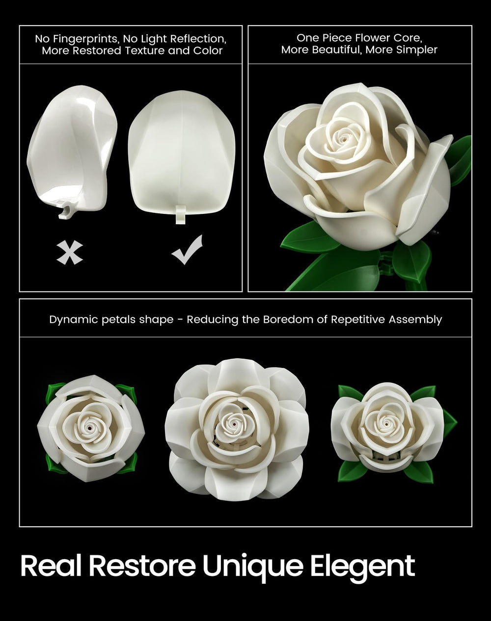 iATOM White Rose Bouquet Building Set: adjustable stems for versatile vase fit