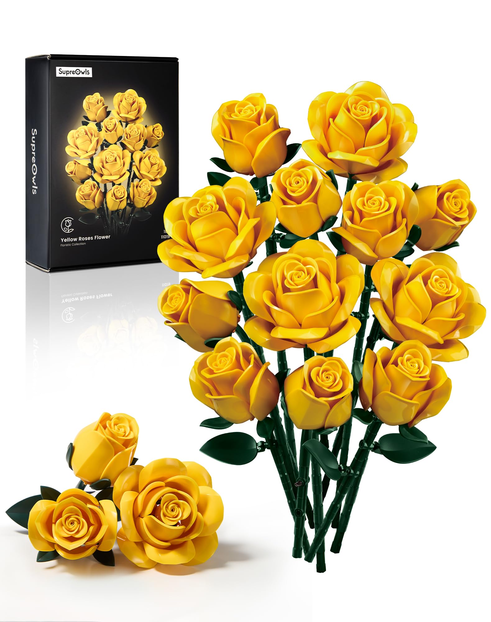 iATOM Yellow Rose Bouquet building set with lifelike petals for a vibrant home display.
