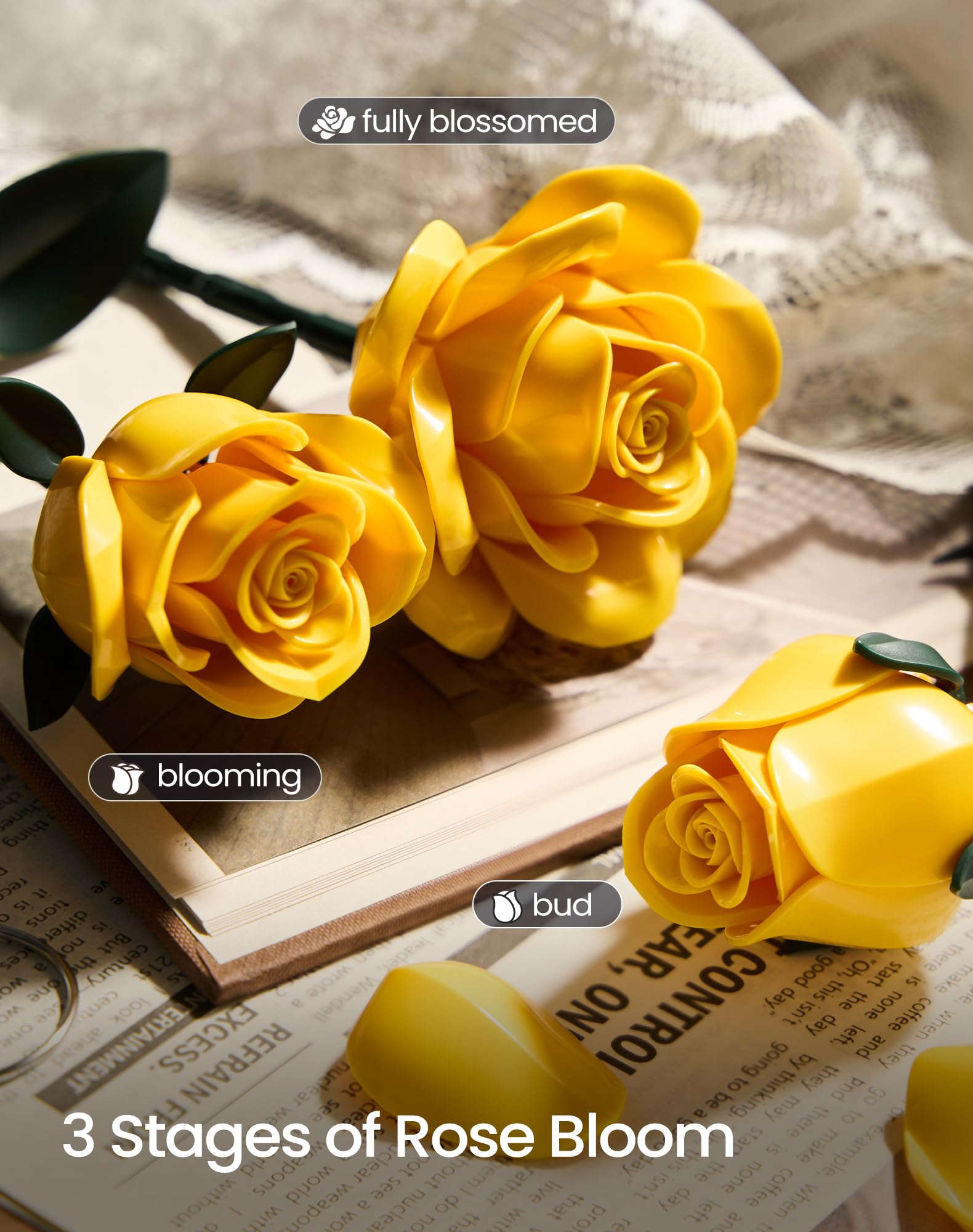 iATOM Yellow Rose Bouquet stems are adjustable to fit various vases for versatile decor.