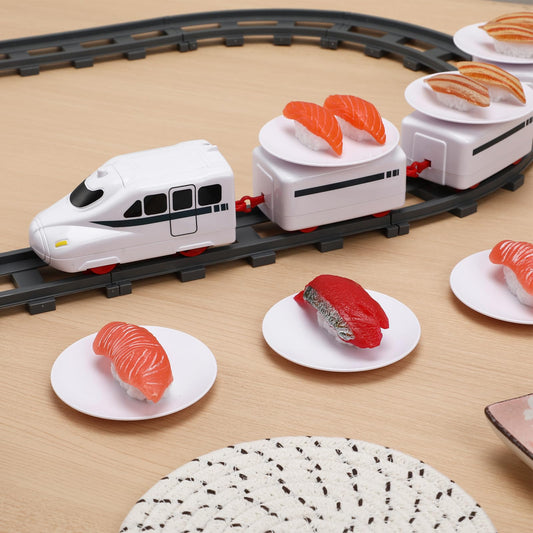 ibasenice Sushi Train plates sashimi set invites kids to role-play serving pretend sushi.