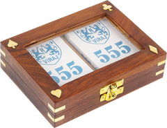IBLAY sheesham wood card case with brass inlay and latch for secure storage.